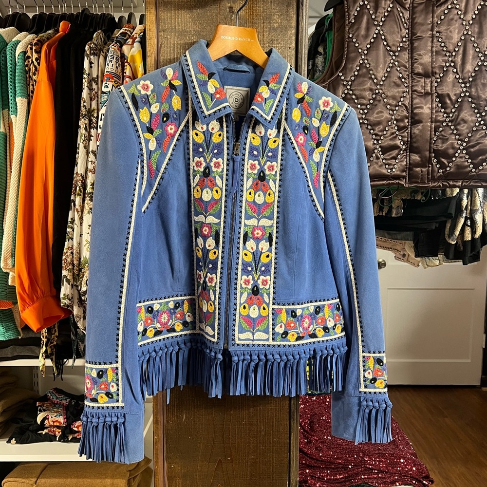Double D Ranch Blue Jean Jacket with Colorful Embroidery and Fringe